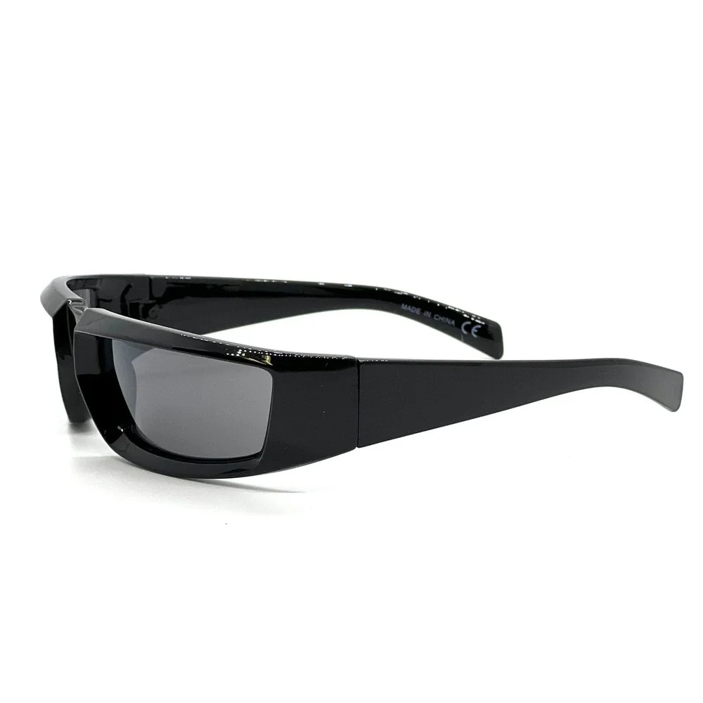 Sunglasses Black Frame Black Lens Street‎ Trendy Wear Shield Wrap Around UV400